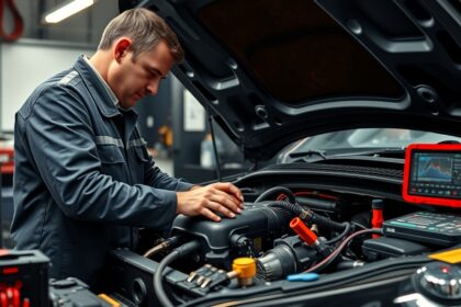 Műhelyben motordiagnosztikát végző autószerelő.