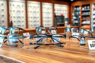 Multifokális szemüvegek eladási árakkal egy boltban.