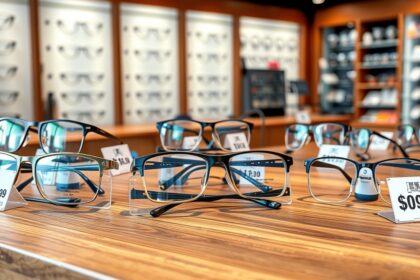 Multifokális szemüvegek eladási árakkal egy boltban.