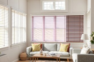 Modern műanyag redőnyök egy világos nappaliban, kényelemmel.