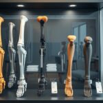 Különböző típusú művégtagok kiállítva egy orvosi rendelőben