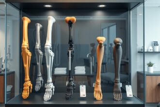 Különböző típusú művégtagok kiállítva egy orvosi rendelőben