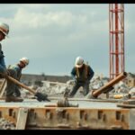 Építőmunkások betonozás közben egy építkezésen