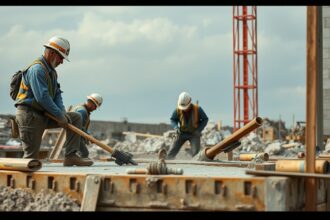 Építőmunkások betonozás közben egy építkezésen
