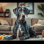 Német dog otthoni környezetben, kutyajátékokkal és számlával.