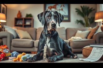Német dog otthoni környezetben, kutyajátékokkal és számlával.