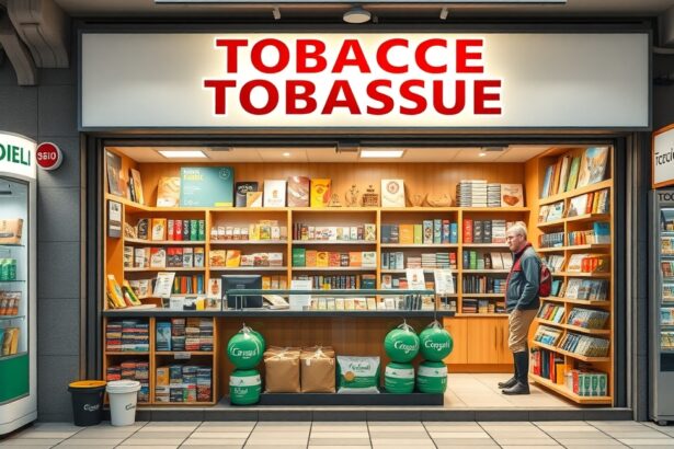 Nemzeti dohánybolt bemutató, különféle dohánytermékekkel.