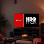Netflix és HBO Max logók a televízión, modern nappali háttérrel.