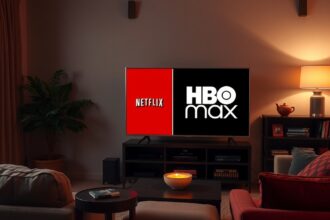 Netflix és HBO Max logók a televízión, modern nappali háttérrel.