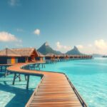 Bora Bora gyönyörű overwater bungalói és tenger látvány.