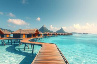 Bora Bora gyönyörű overwater bungalói és tenger látvány.