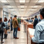 OKMÁNYIRODA: Ügyintézők és várakozó ügyfelek egy modern irodában.