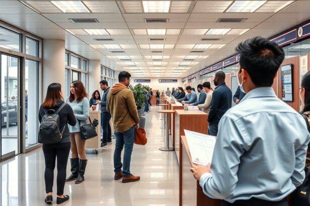 OKMÁNYIRODA: Ügyintézők és várakozó ügyfelek egy modern irodában.