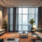 Modern okosotthon nappali világítással és bútorokkal.