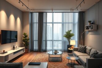 Modern okosotthon nappali világítással és bútorokkal.