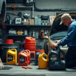 Autószerelő olajcserét végez a műhelyben