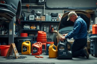 Autószerelő olajcserét végez a műhelyben