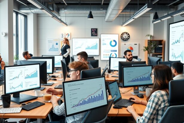 Online marketing ügynökség munkatársai analitikát elemző megbeszélésen