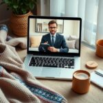 Online pszichológus konzultáció laptopon, kávé és jegyzetelési lehetőség