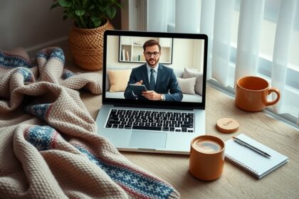 Online pszichológus konzultáció laptopon, kávé és jegyzetelési lehetőség