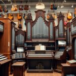 Szépen kidolgozott orgonák egy hangszerboltban