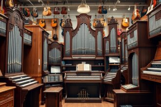 Szépen kidolgozott orgonák egy hangszerboltban