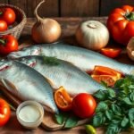 Halászlé elkészítéséhez szükséges alapanyagok, friss zöldségek és hal.