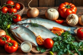Halászlé elkészítéséhez szükséges alapanyagok, friss zöldségek és hal.