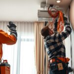 Elektrikusok panel lakás elektromos hálózatának felújítása közben.