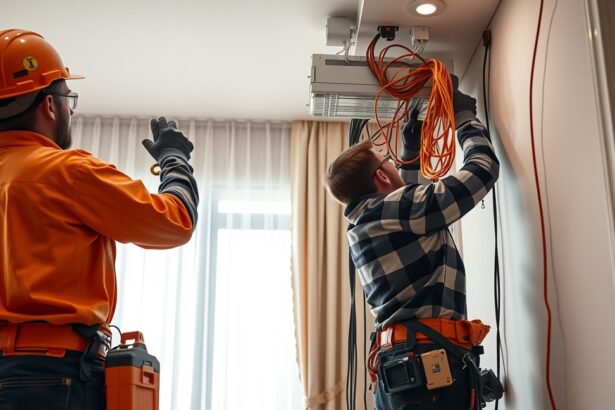 Elektrikusok panel lakás elektromos hálózatának felújítása közben.