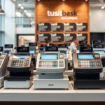 Modern pénztárgépek egy boltban, különböző árakkal.