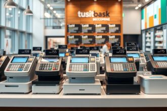 Modern pénztárgépek egy boltban, különböző árakkal.