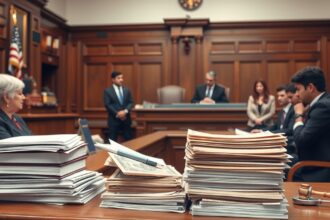 Jogi eljárás és költségek áttekintése bírósági teremben.