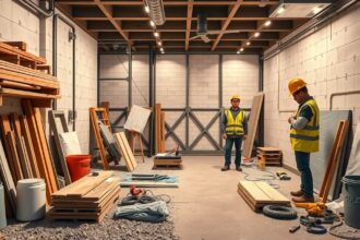 Pince építési munkálatok képe, építőanyagokkal és szakemberekkel.