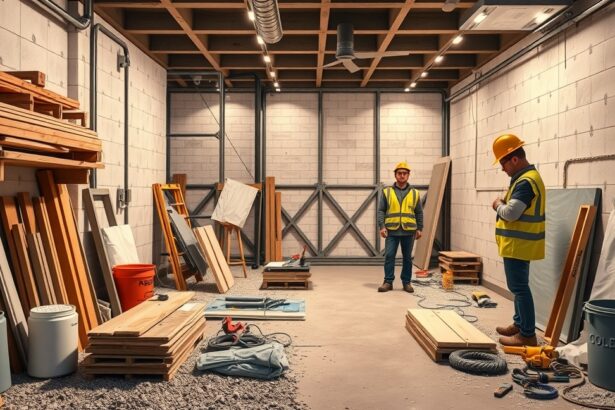 Pince építési munkálatok képe, építőanyagokkal és szakemberekkel.