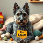 Egy pumi, árjelzővel, különböző kutyaeledel és játékok között.