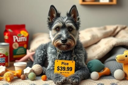 Egy pumi, árjelzővel, különböző kutyaeledel és játékok között.