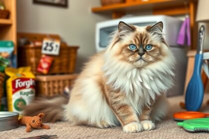 Egy ragdoll cica ül a szőnyegen, játékok és tápok körülötte.