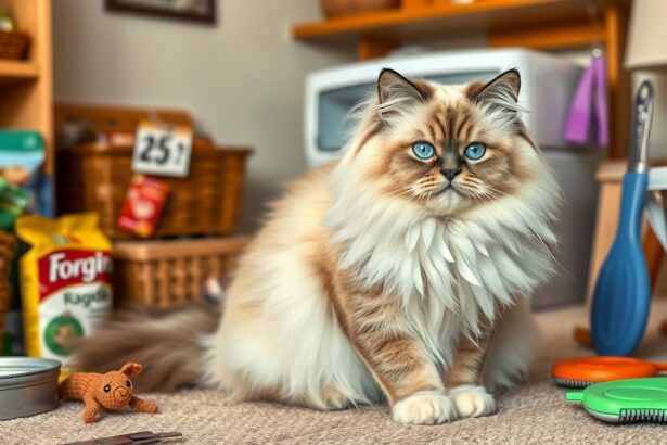 Egy ragdoll cica ül a szőnyegen, játékok és tápok körülötte.