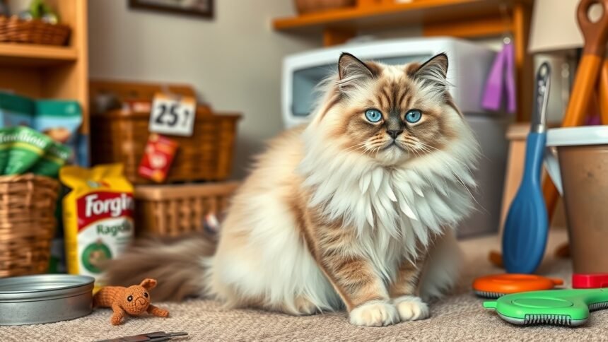 Egy ragdoll cica ül a szőnyegen, játékok és tápok körülötte.