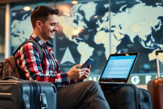 Fiatal utazó a repülőtéren, telefonál és laptopot használ az utazás tervezéséhez.