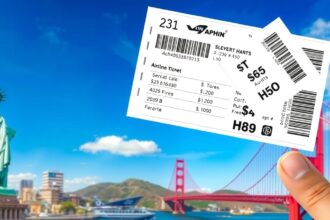 Repülőjegyek Amerika felé, Szabadság-szobor és híres hidak háttérben.