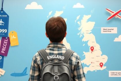 Fiatal férfi Anglia térképét nézi repülőjegy árcímkékkel.