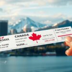 Repülőjegy Kanadába, háttérben a város látképe és hegyek.