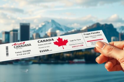 Repülőjegy Kanadába, háttérben a város látképe és hegyek.