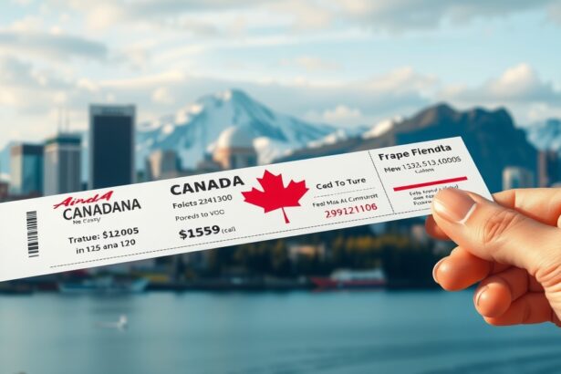 Repülőjegy Kanadába, háttérben a város látképe és hegyek.