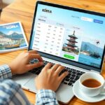 Repülőjegy keresése Koreába egy laptop segítségével.