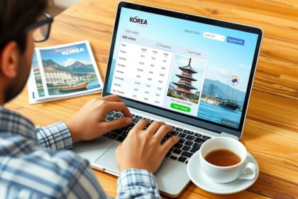 Repülőjegy keresése Koreába egy laptop segítségével.
