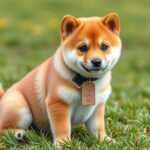 Aranyos Shiba Inu kölyök ül a zöld fűben.