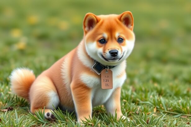 Aranyos Shiba Inu kölyök ül a zöld fűben.